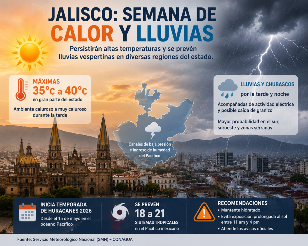 Persistirán calor intenso y primeras lluvias de temporal esta semana en Jalisco