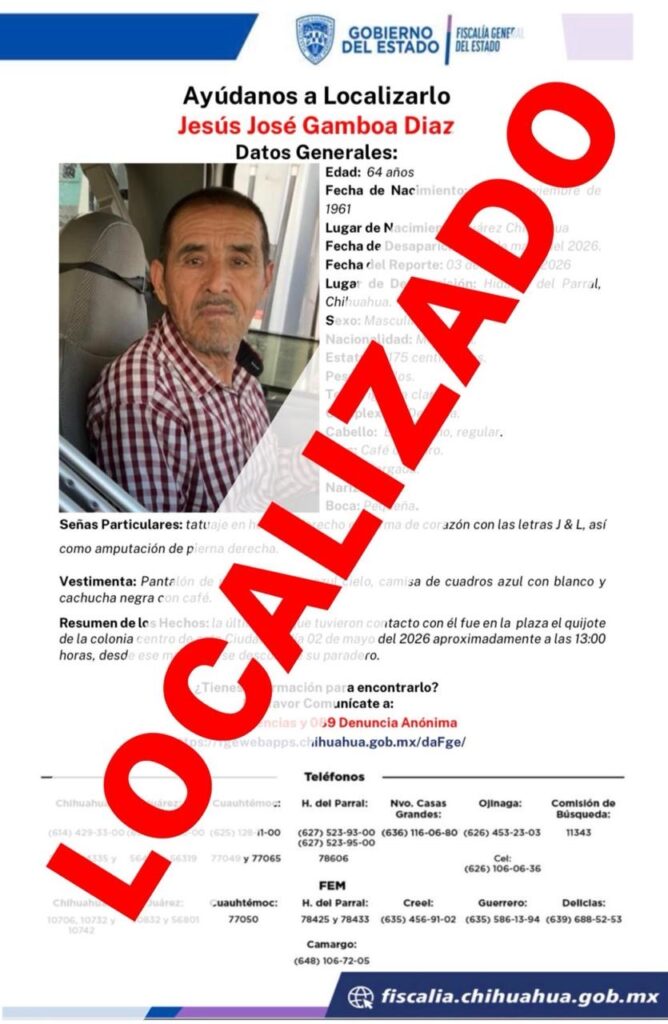 Localizan en Durango a hombre reportado como ausente en Parral