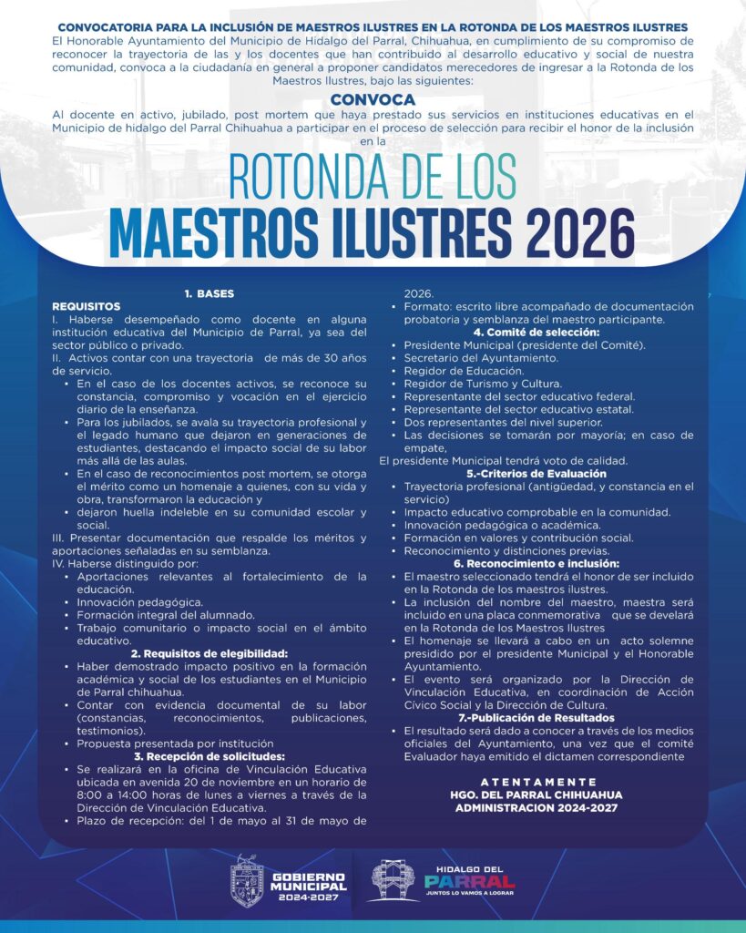 Convoca Gobierno de Parral a integrar la Rotonda de los Maestros Ilustres 2026