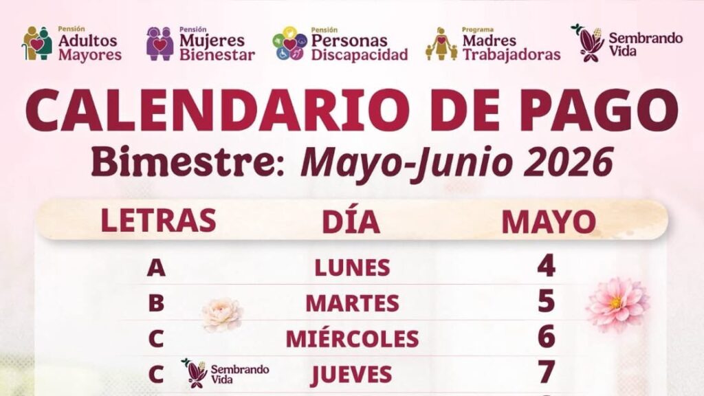 Calendario de pago Pensiones Bienestar, bimestre mayo-junio 2026