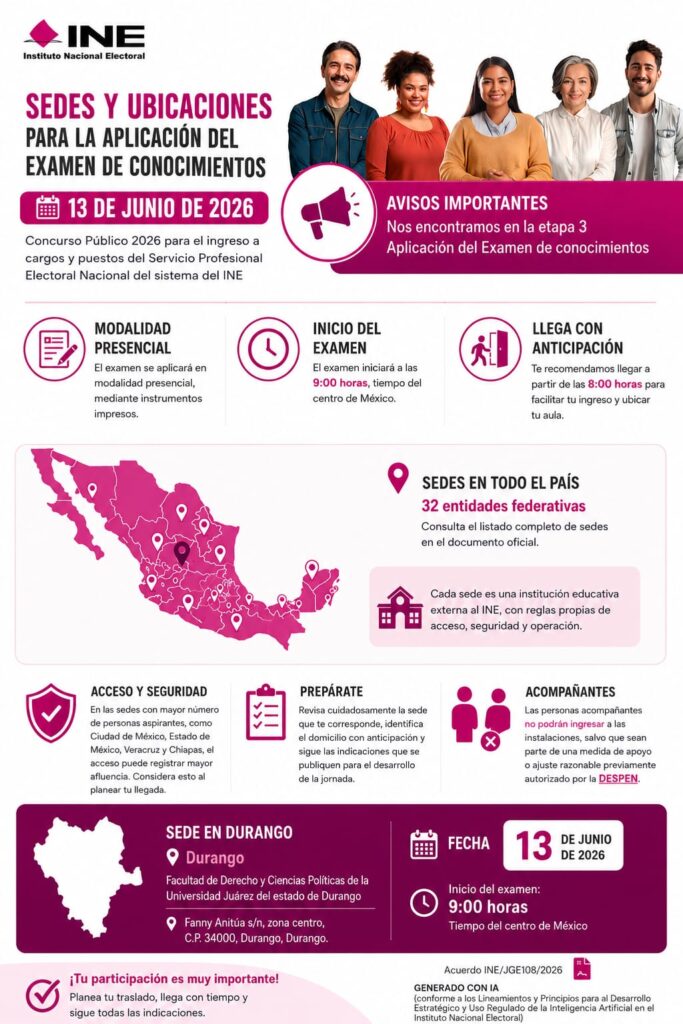 Confirman sede de Examen INE 2026 en Durango