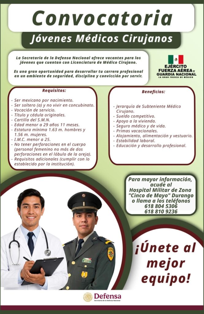 Convocatoria para Médicos Generales – Hospital Militar de Zona “Cinco de Mayo”, Durango