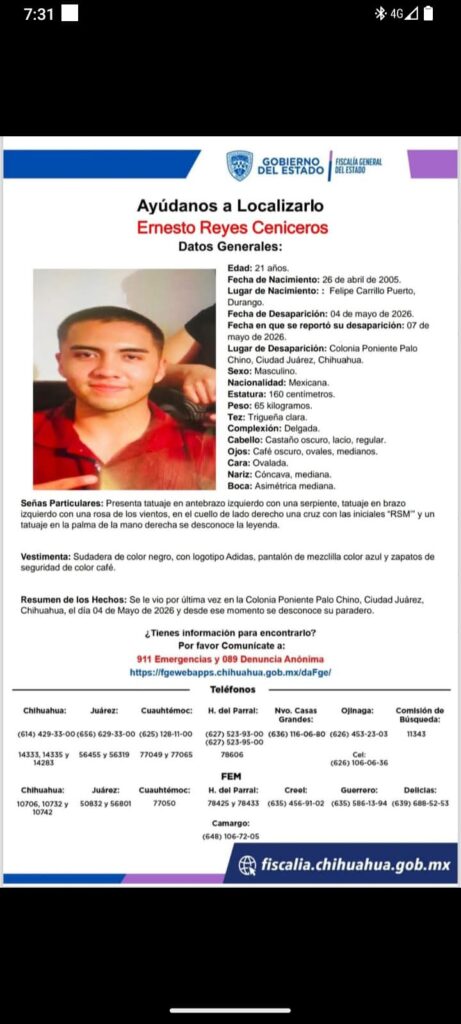 Desapareció un duranguense en Ciudad Juárez, Chihuahua