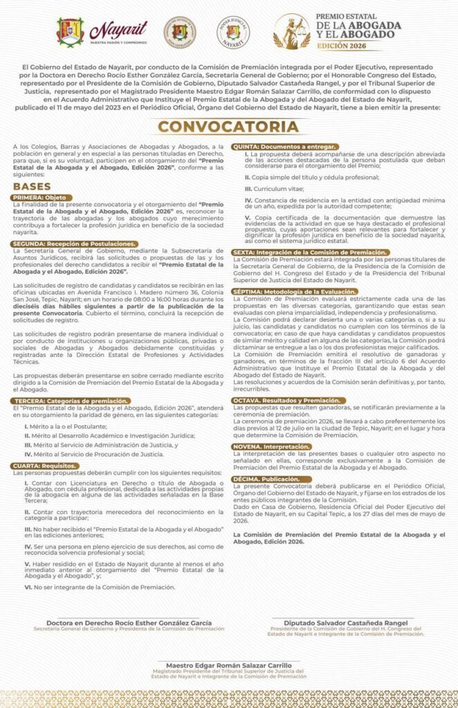 la Comisión de Premiación conformada por los Poderes Ejecutivo, Legislativo y Judicial, convoca a participar en el “Premio Estatal de la Abogada y el Abogado”, Edición 2026.