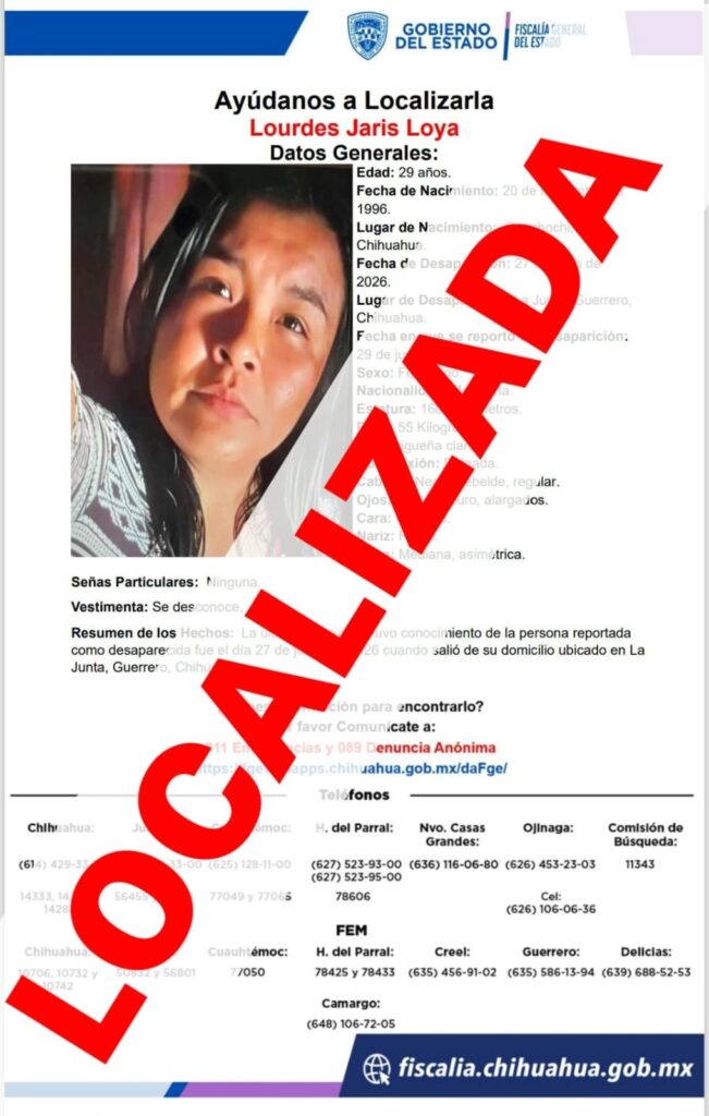 Localizan sana y salva a mujer reportada como desaparecida en Chihuahua