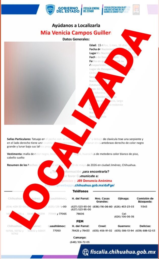 Localizan en San Luis Potosí a adolescente reportada como ausente en Jiménez