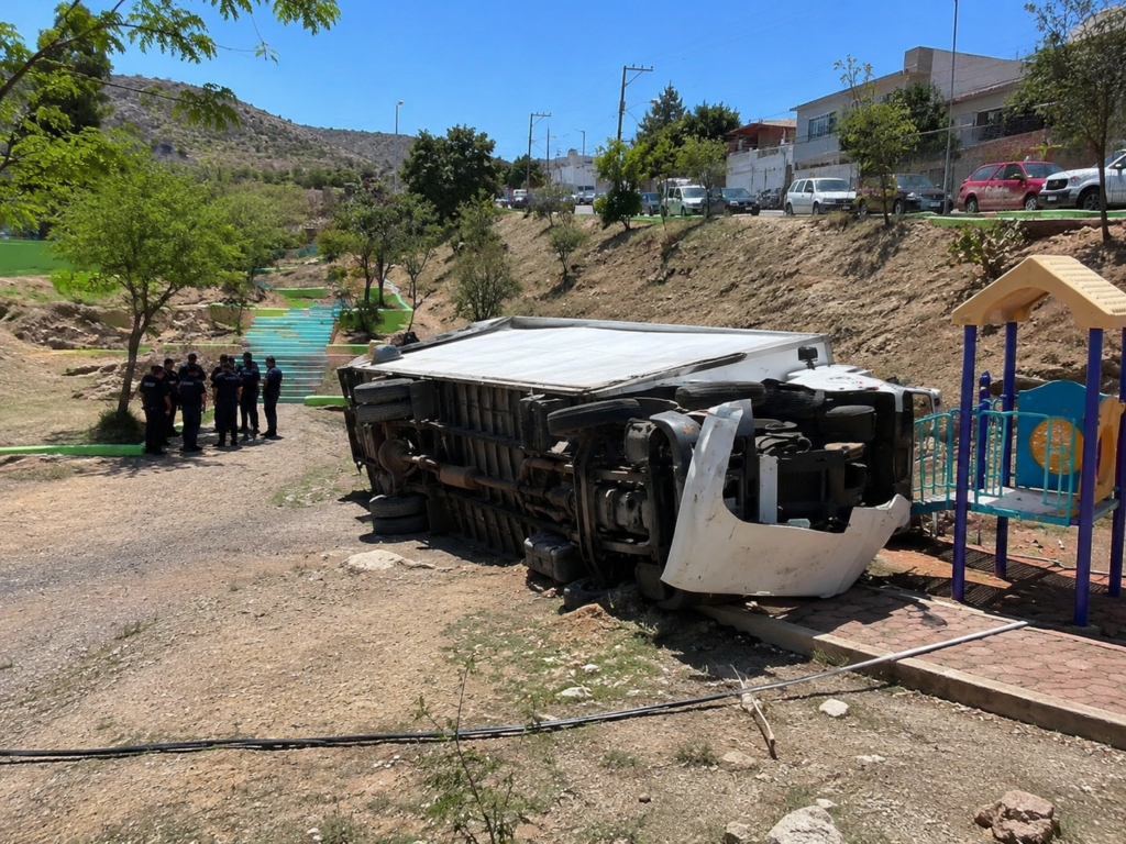 Camión vuelca en la Ampliación Juárez y termina dentro de parque en Parral