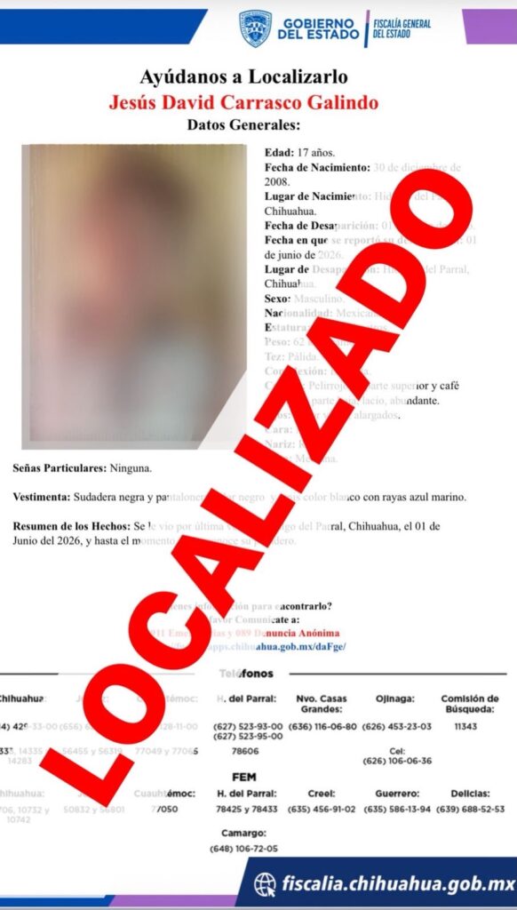 Localizan a adolescente reportado como ausente en Parral; estaba en San Francisco del Oro