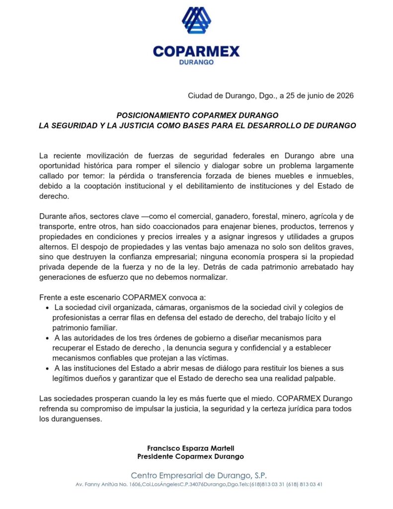 COPARMEX Durango llama a fortalecer el Estado de derecho y garantizar la seguridad jurídica