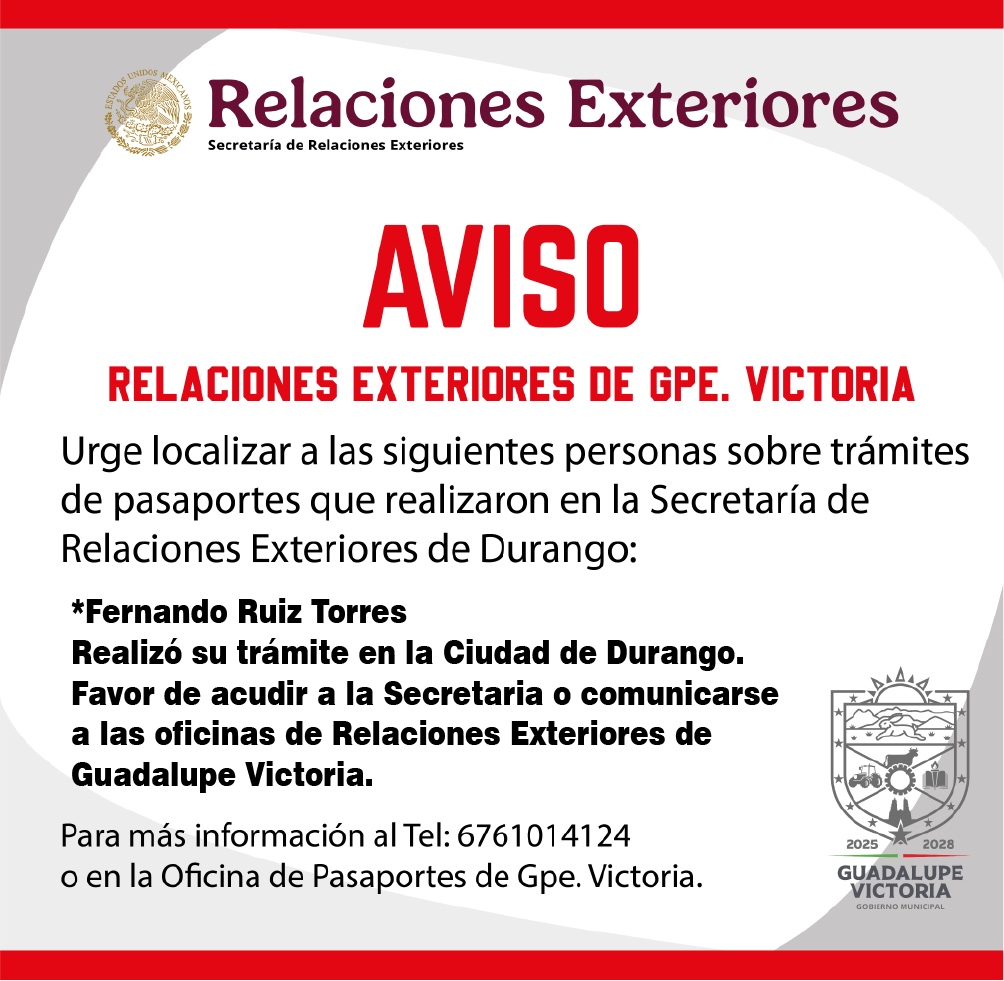 Solicitan localizar a ciudadano para dar seguimiento a trámite de pasaporte