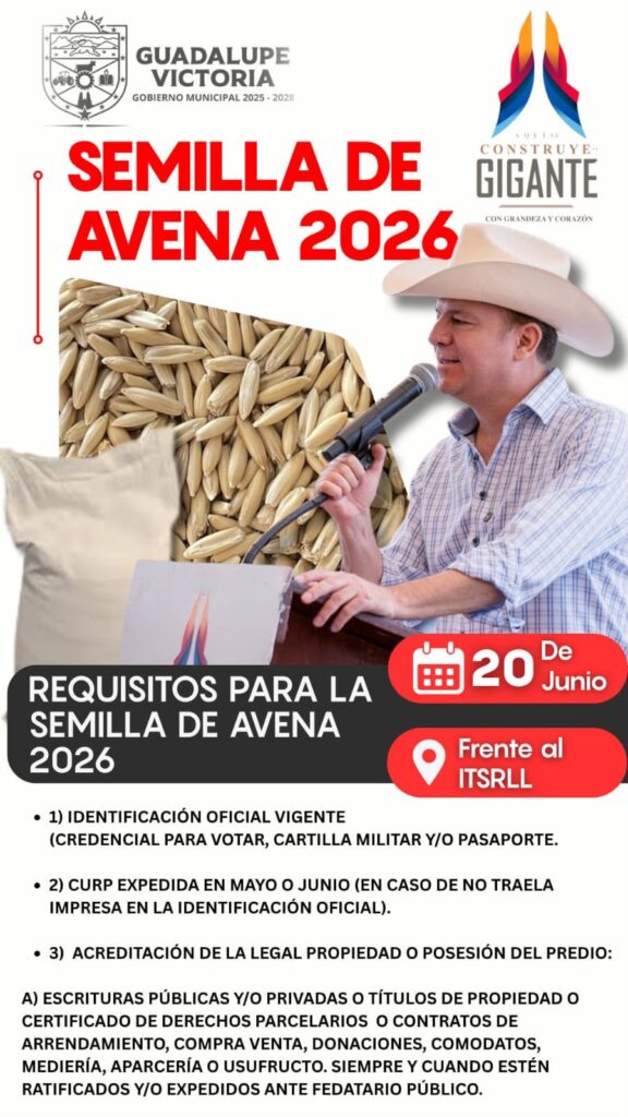 Gobierno del Estado entregará semilla de avena a productores en Guadalupe Victoria
