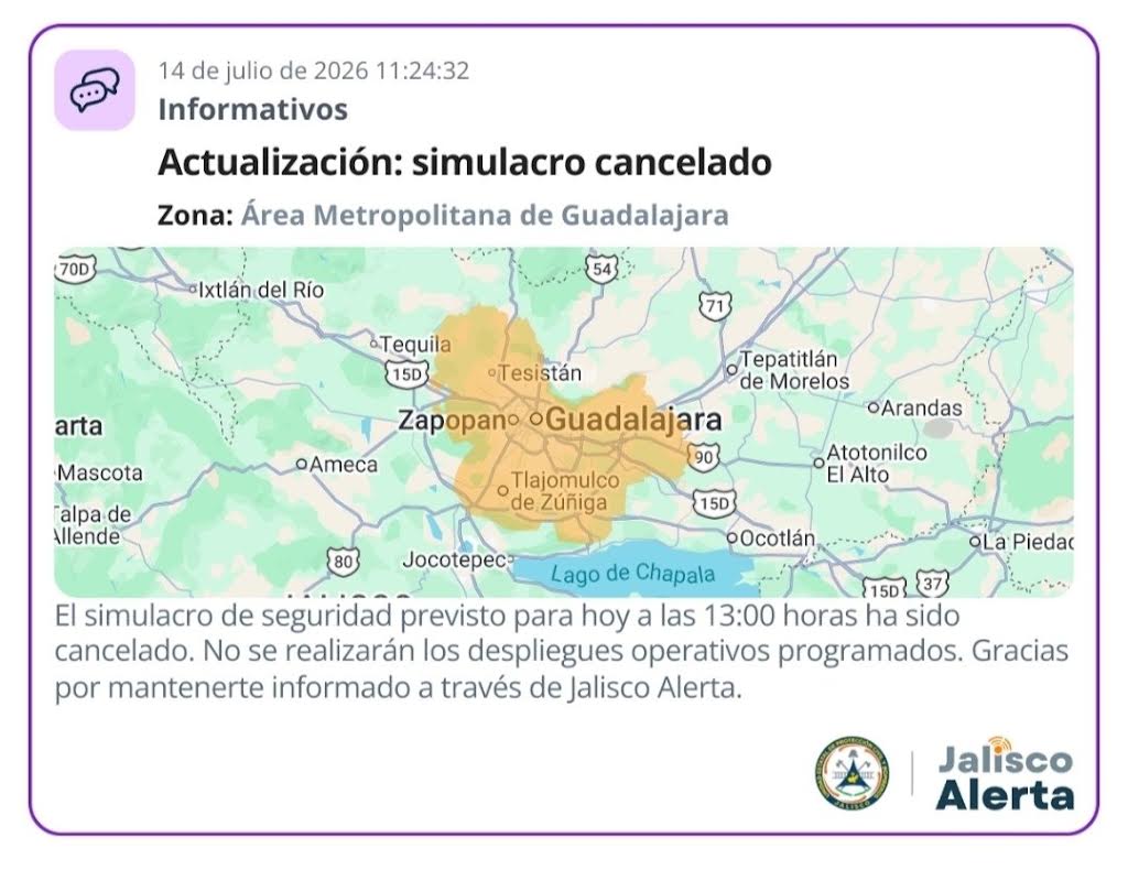 Cancelan simulacro de seguridad programado para este martes en el Área Metropolitana de Guadalajara