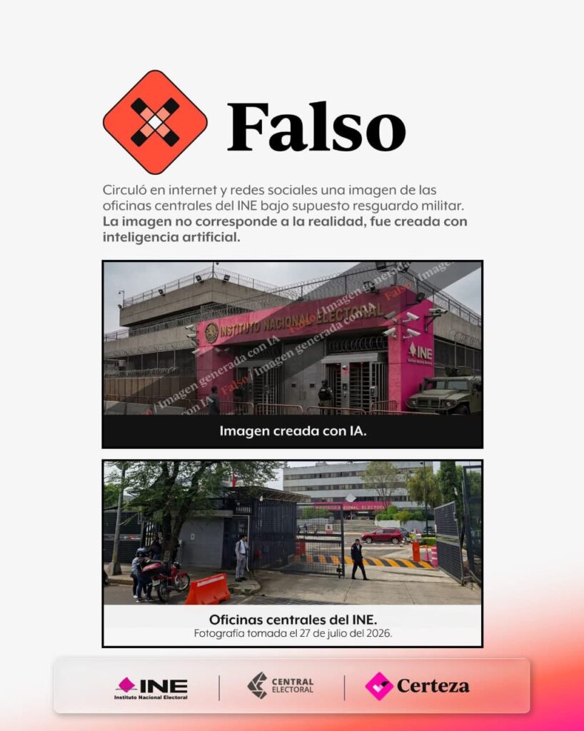 Desmiente INE imagen creada con IA que muestra una supuesta fachada con seguridad militar