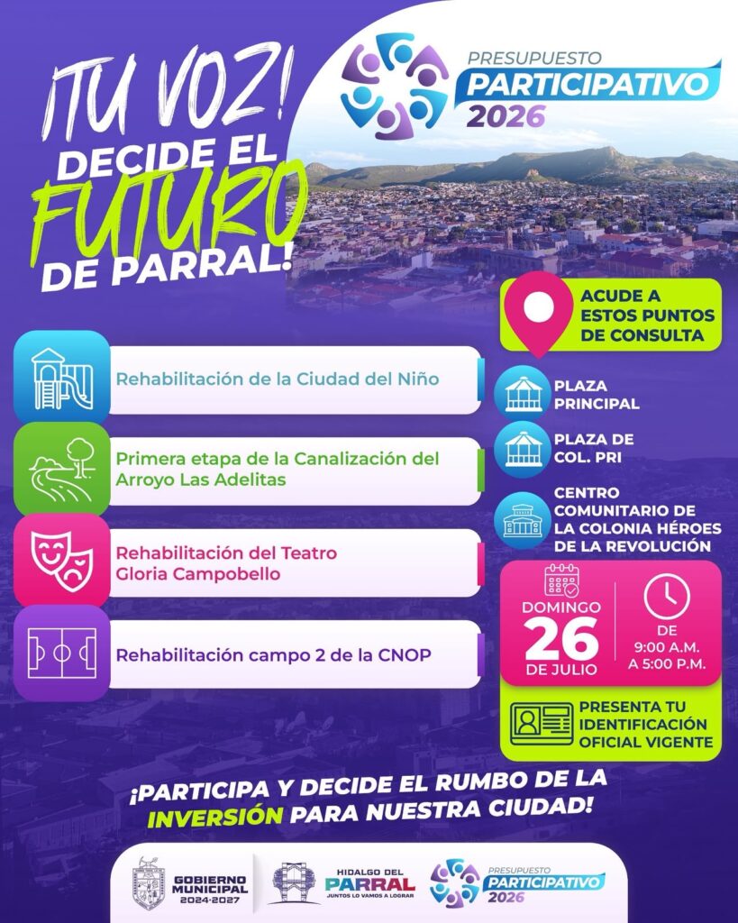 Este domingo inicia la consulta del Presupuesto Participativo 2026; invita Gobierno de Parral a decidir el rumbo de las obras públicas