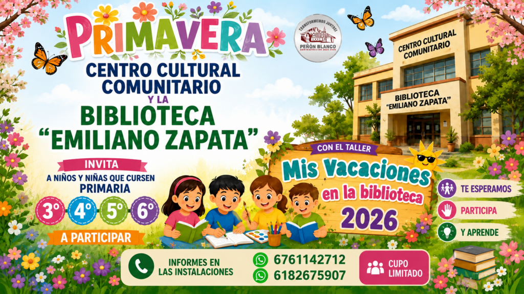 Biblioteca Emiliano Zapata invita a niños de Peñón Blanco a participar en cursos de verano