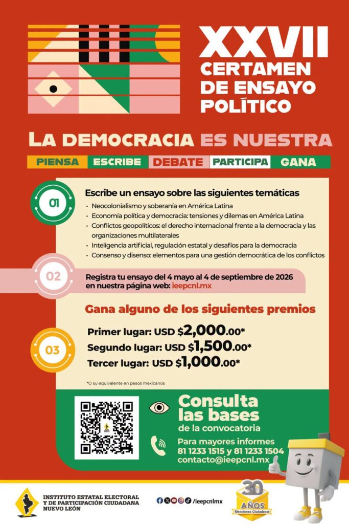 IEEPCNL convoca a participar en el XXVII Certamen de Ensayo Político 2026