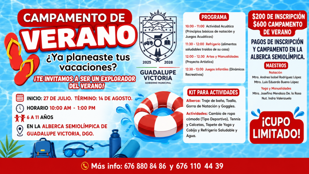 Mañana inicia el Campamento de Verano en la Alberca Semiolímpica de Guadalupe Victoria