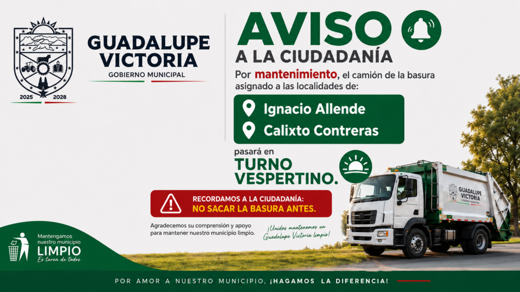 Recolección de basura será vespertina este jueves en Ignacio Allende y Calixto Contreras