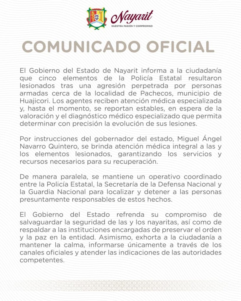 Cinco elementos de la Policía Estatal resultaron lesionados tras una agresión armada en Huajicori.